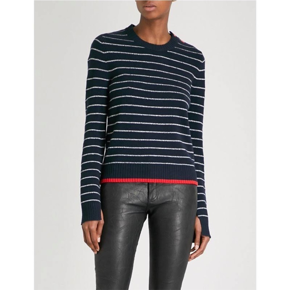 Zadig & Voltaire Navy and White Striped Crewneck Sweater with Red Hem